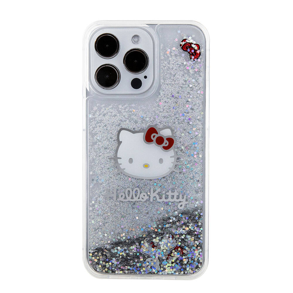 Apple iPhone 15 Pro Max Kılıf Hello Kitty Orjinal Lisanslı İkonik Sıvılı Glitter Kapak Renksiz