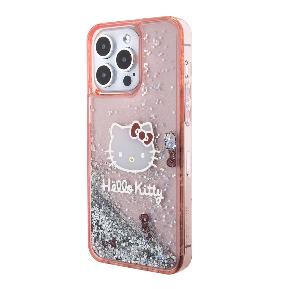 Apple iPhone 15 Pro Max Kılıf Hello Kitty Orjinal Lisanslı İkonik Sıvılı Glitter Kapak Pembe