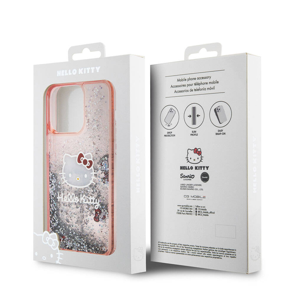 Apple iPhone 15 Pro Max Kılıf Hello Kitty Orjinal Lisanslı İkonik Sıvılı Glitter Kapak Pembe