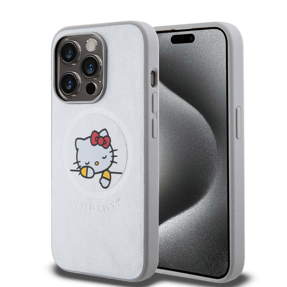 Apple iPhone 15 Pro Max Kılıf Hello Kitty Orjinal Lisanslı M-safe Şarj Özellikli Baskı Logolu Uyuyan Kitty Deri Kapak Pembe
