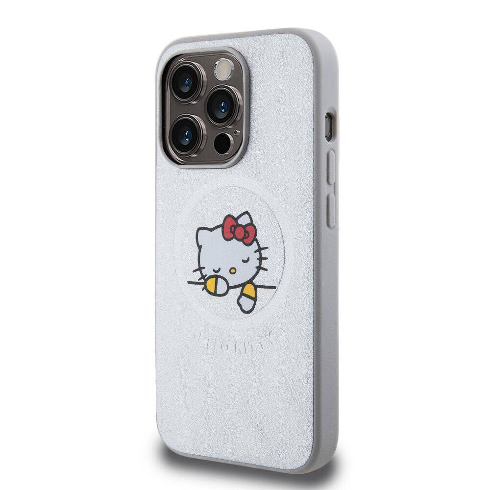 Apple iPhone 15 Pro Max Kılıf Hello Kitty Orjinal Lisanslı M-safe Şarj Özellikli Baskı Logolu Uyuyan Kitty Deri Kapak Gümüş