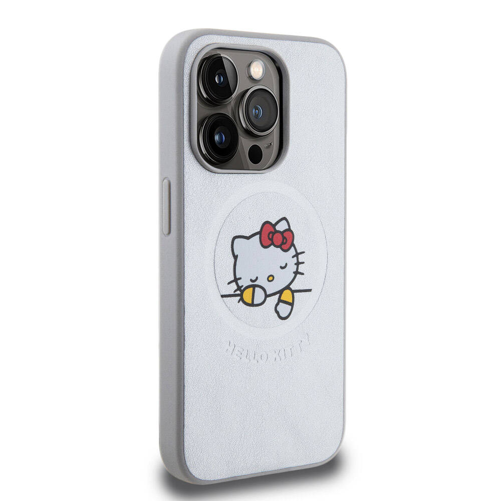Apple iPhone 15 Pro Max Kılıf Hello Kitty Orjinal Lisanslı M-safe Şarj Özellikli Baskı Logolu Uyuyan Kitty Deri Kapak Pembe