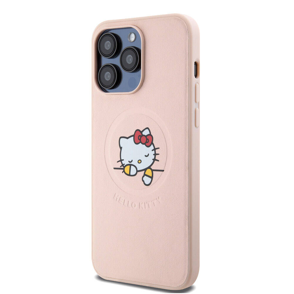 Apple iPhone 15 Pro Max Kılıf Hello Kitty Orjinal Lisanslı M-safe Şarj Özellikli Baskı Logolu Uyuyan Kitty Deri Kapak Gümüş