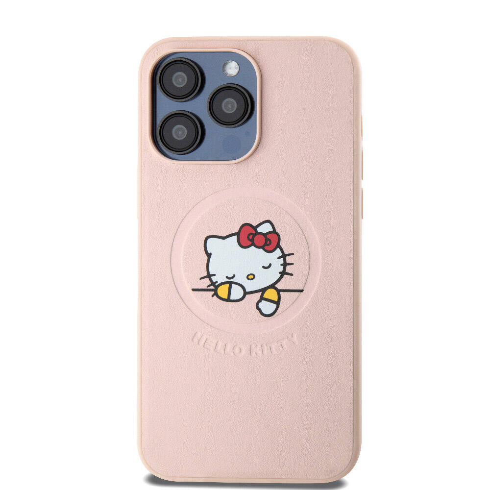 Apple iPhone 15 Pro Max Kılıf Hello Kitty Orjinal Lisanslı M-safe Şarj Özellikli Baskı Logolu Uyuyan Kitty Deri Kapak Gümüş
