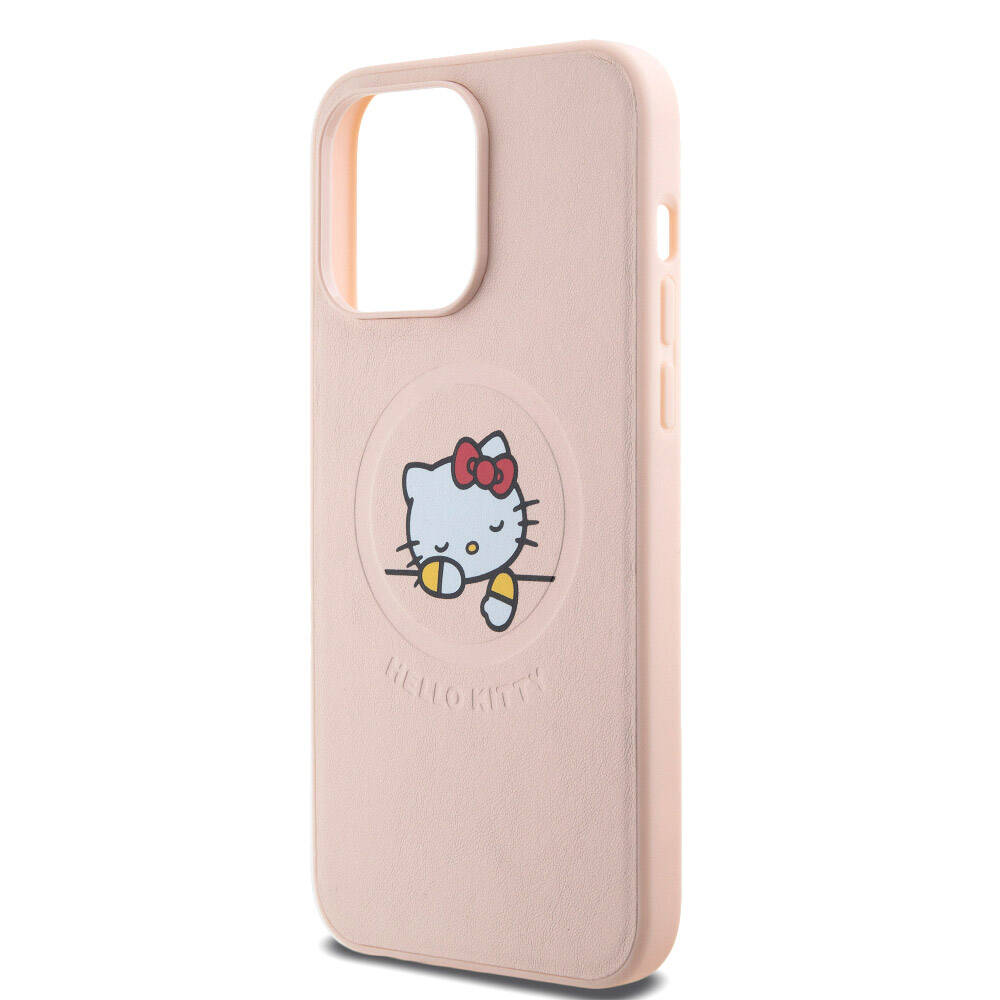 Apple iPhone 15 Pro Max Kılıf Hello Kitty Orjinal Lisanslı M-safe Şarj Özellikli Baskı Logolu Uyuyan Kitty Deri Kapak Gümüş