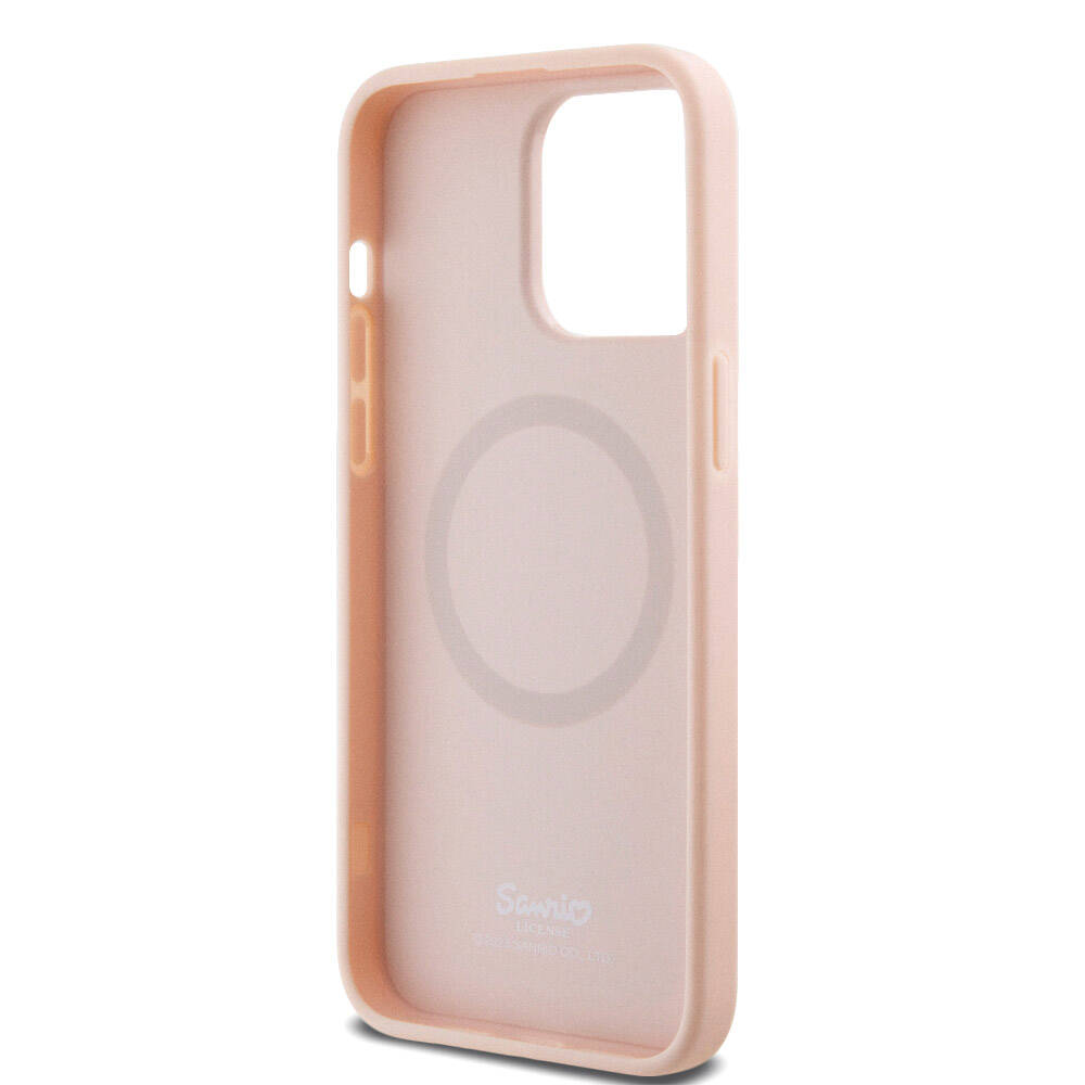 Apple iPhone 15 Pro Max Kılıf Hello Kitty Orjinal Lisanslı M-safe Şarj Özellikli Baskı Logolu Uyuyan Kitty Deri Kapak Gümüş