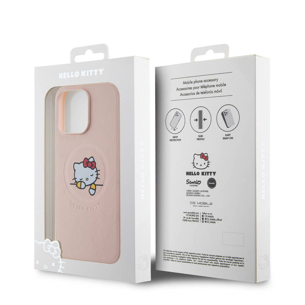Apple iPhone 15 Pro Max Kılıf Hello Kitty Orjinal Lisanslı M-safe Şarj Özellikli Baskı Logolu Uyuyan Kitty Deri Kapak Pembe