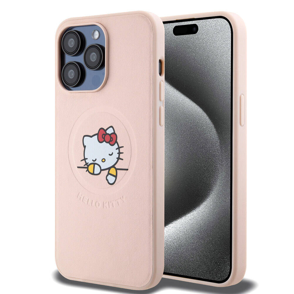Apple iPhone 15 Pro Max Kılıf Hello Kitty Orjinal Lisanslı M-safe Şarj Özellikli Baskı Logolu Uyuyan Kitty Deri Kapak Pembe