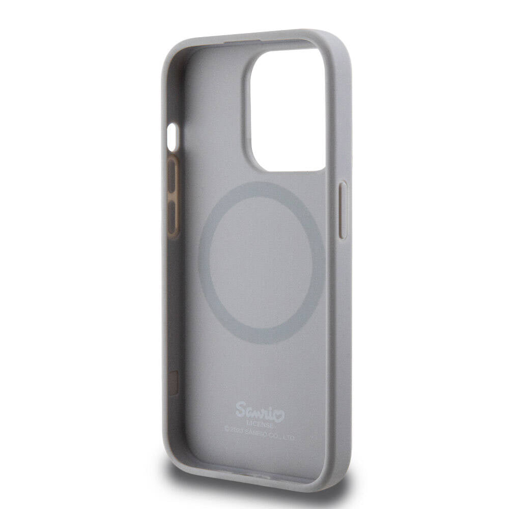 Apple iPhone 15 Pro Max Kılıf Hello Kitty Orjinal Lisanslı M-safe Şarj Özellikli Baskı Logolu Uyuyan Kitty Deri Kapak Gümüş