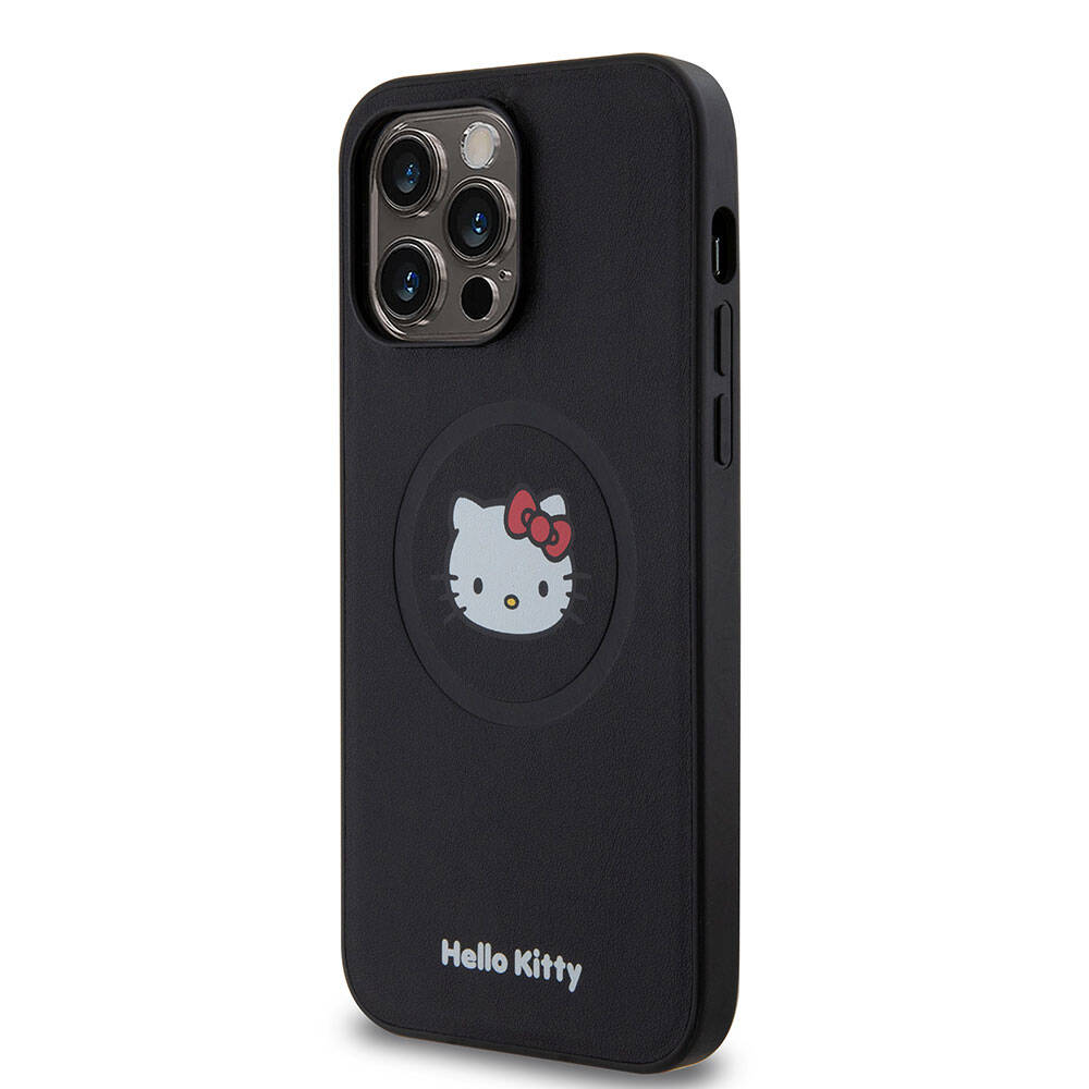 Apple iPhone 15 Pro Max Kılıf Hello Kitty Orjinal Lisanslı M-safe Şarj Özellikli Kitty Head Deri Kapak Siyah