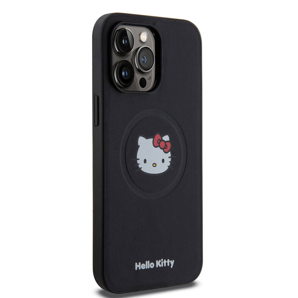 Apple iPhone 15 Pro Max Kılıf Hello Kitty Orjinal Lisanslı M-safe Şarj Özellikli Kitty Head Deri Kapak Gold
