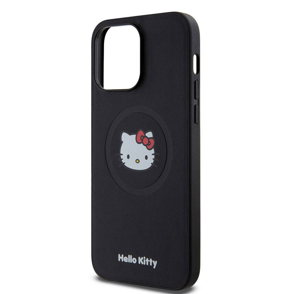 Apple iPhone 15 Pro Max Kılıf Hello Kitty Orjinal Lisanslı M-safe Şarj Özellikli Kitty Head Deri Kapak Siyah