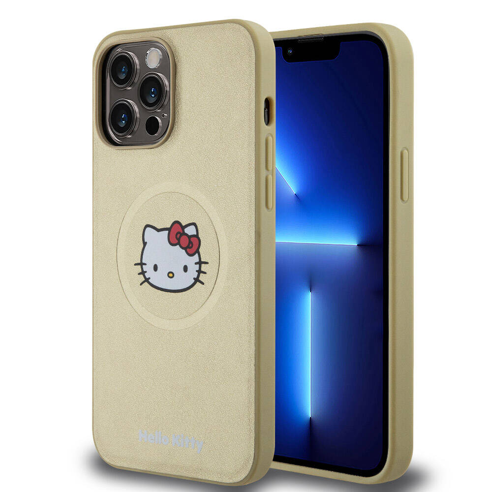 Apple iPhone 15 Pro Max Kılıf Hello Kitty Orjinal Lisanslı M-safe Şarj Özellikli Kitty Head Deri Kapak Siyah