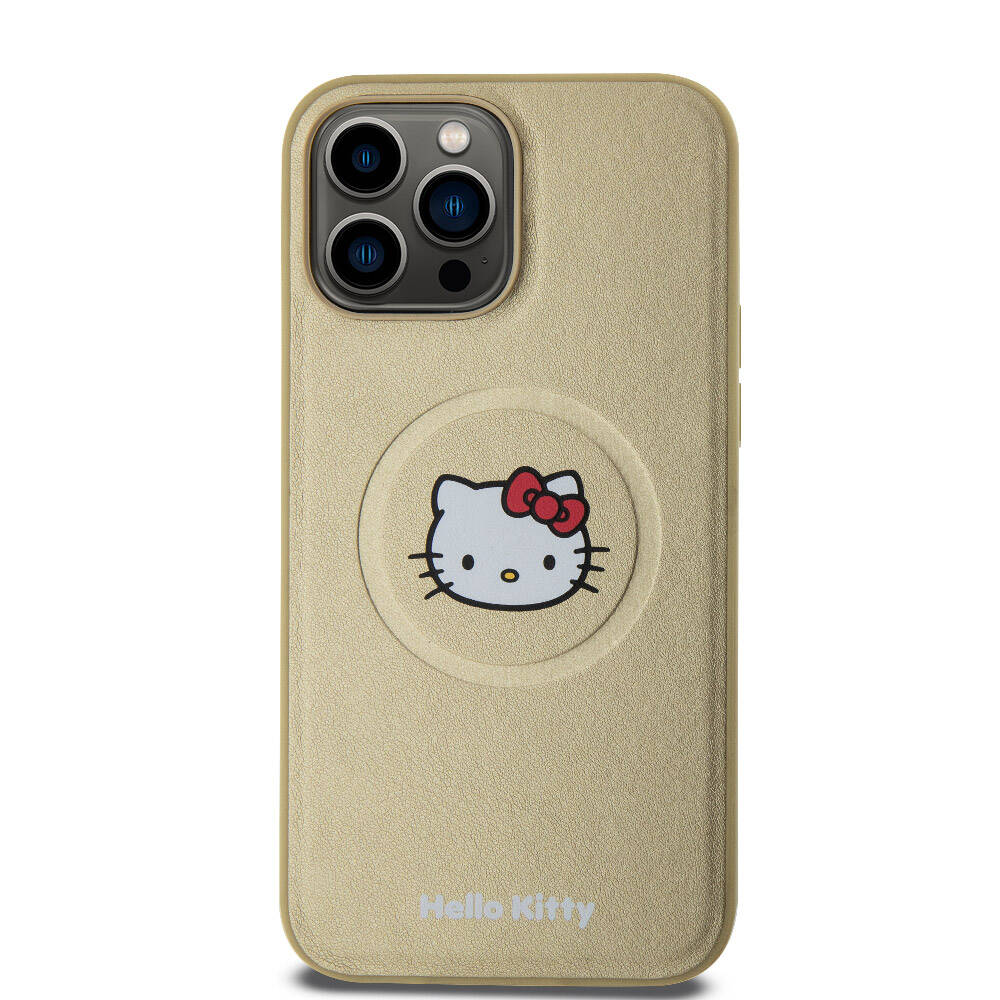 Apple iPhone 15 Pro Max Kılıf Hello Kitty Orjinal Lisanslı M-safe Şarj Özellikli Kitty Head Deri Kapak Gold