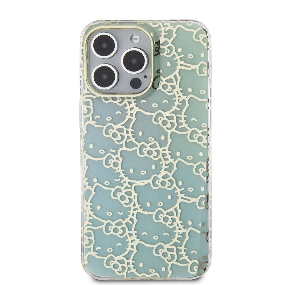 Apple iPhone 15 Pro Max Kılıf Hello Kitty Orjinal Lisanslı Renk Geçişli Elektroplating Kaplama Kitty Head Desenli Kapak Mavi