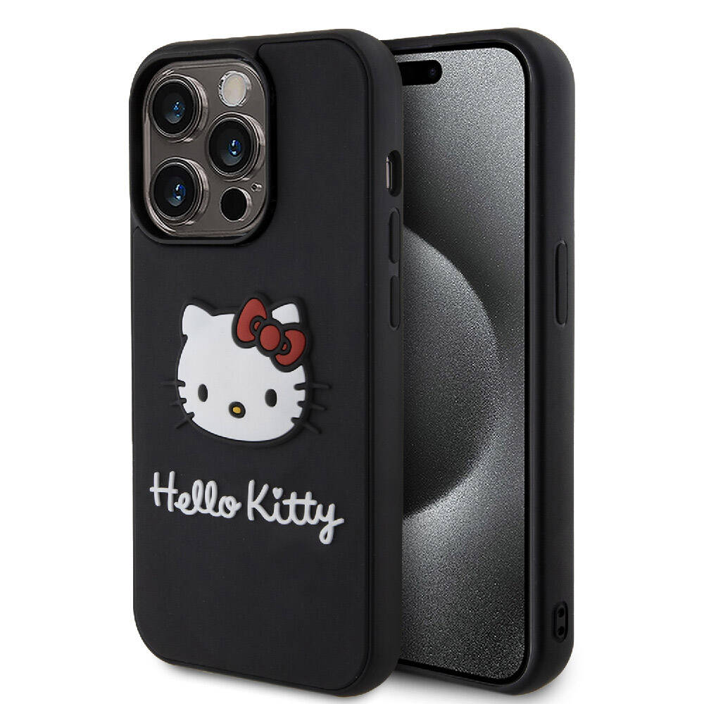 Apple iPhone 15 Pro Max Kılıf Hello Kitty Orjinal Lisanslı Yazı ve İkonik Logolu 3D Rubber Kitty Head Kapak Kırmızı