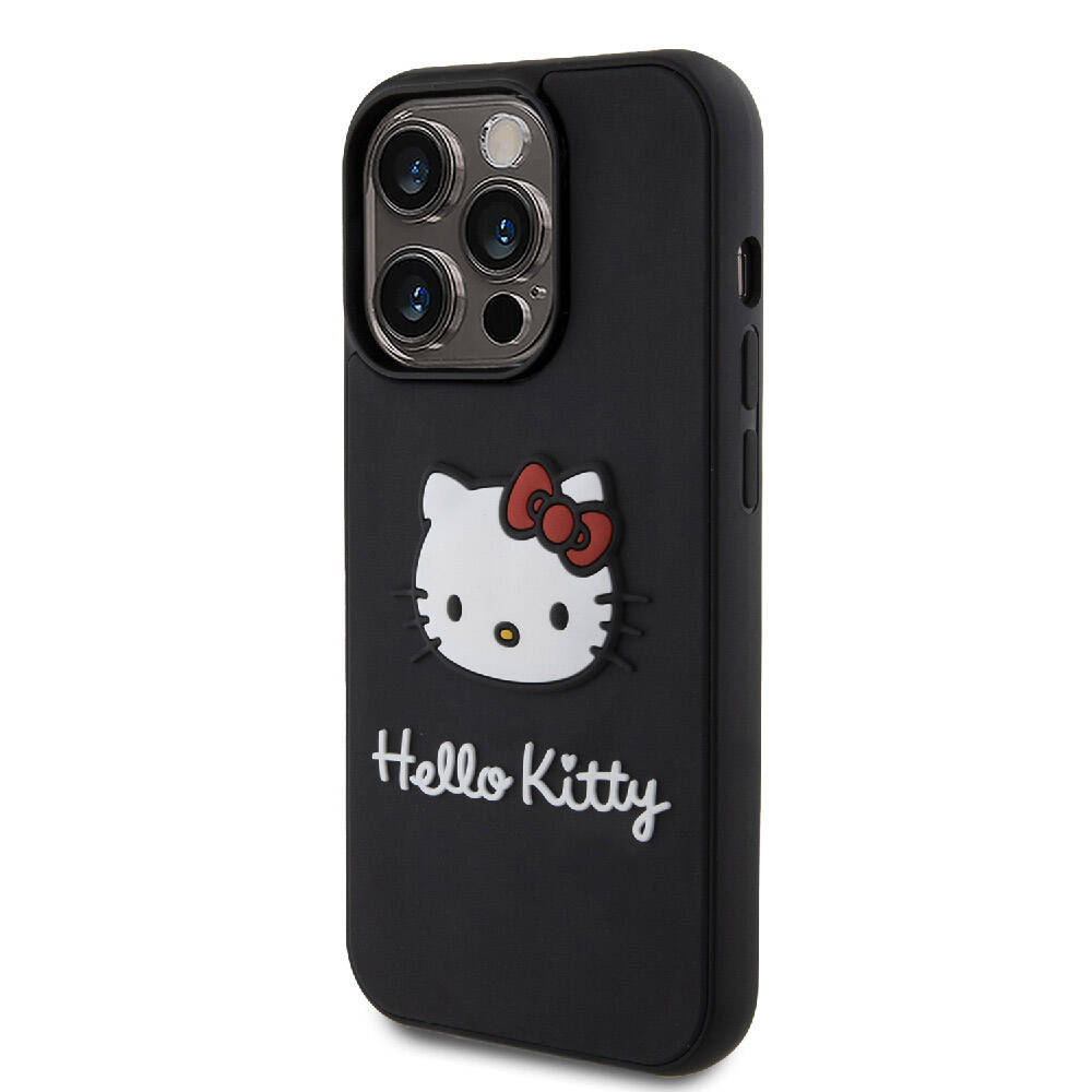 Apple iPhone 15 Pro Max Kılıf Hello Kitty Orjinal Lisanslı Yazı ve İkonik Logolu 3D Rubber Kitty Head Kapak Siyah