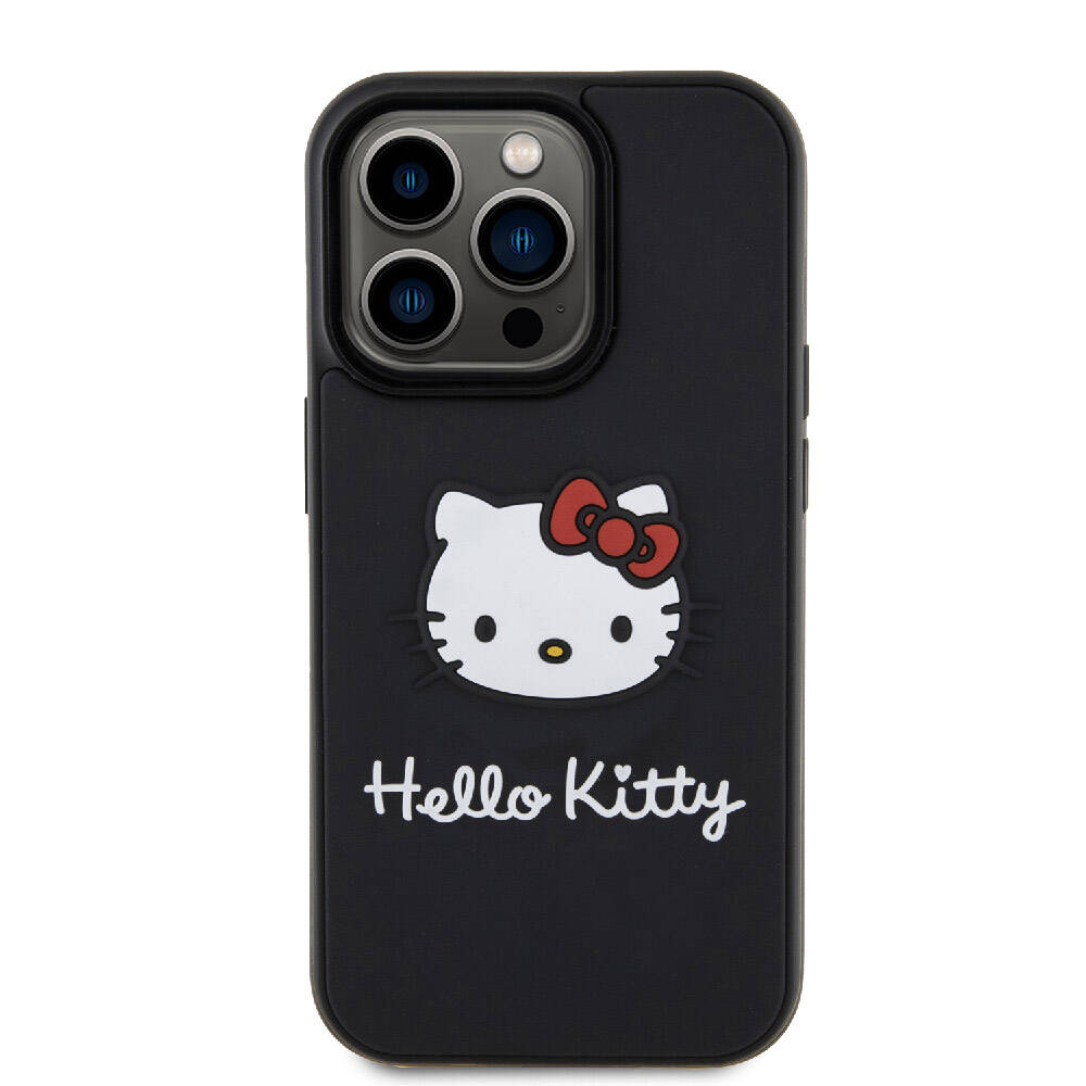 Apple iPhone 15 Pro Max Kılıf Hello Kitty Orjinal Lisanslı Yazı ve İkonik Logolu 3D Rubber Kitty Head Kapak Siyah