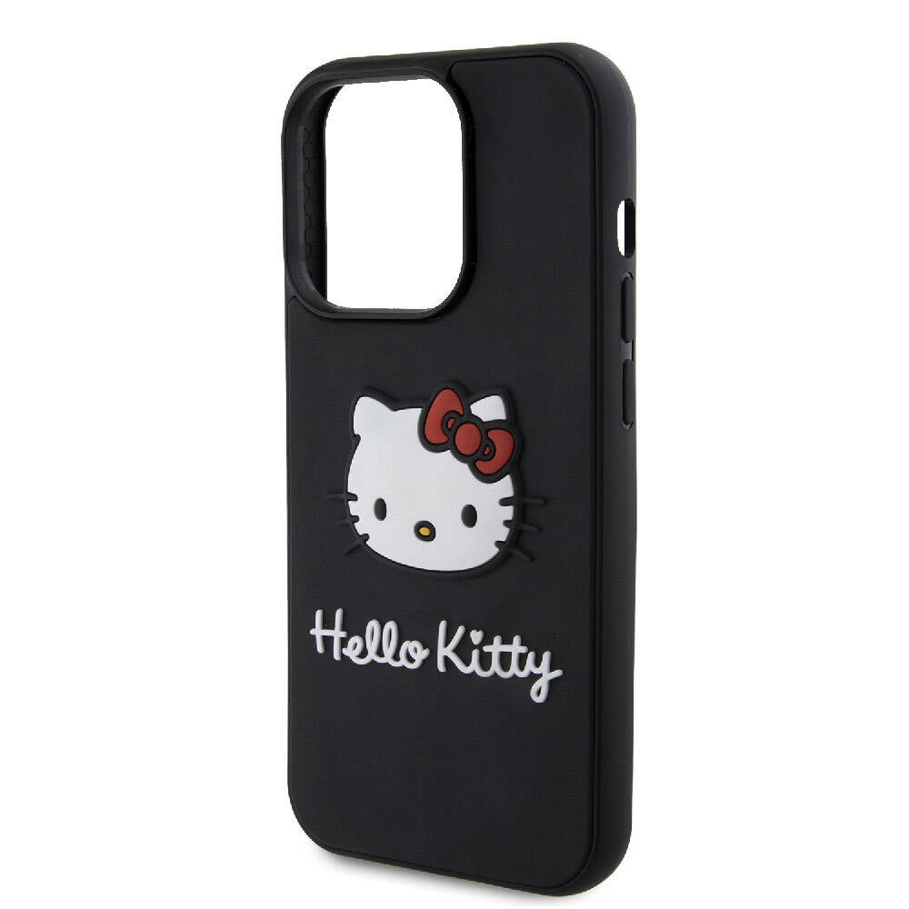 Apple iPhone 15 Pro Max Kılıf Hello Kitty Orjinal Lisanslı Yazı ve İkonik Logolu 3D Rubber Kitty Head Kapak Siyah