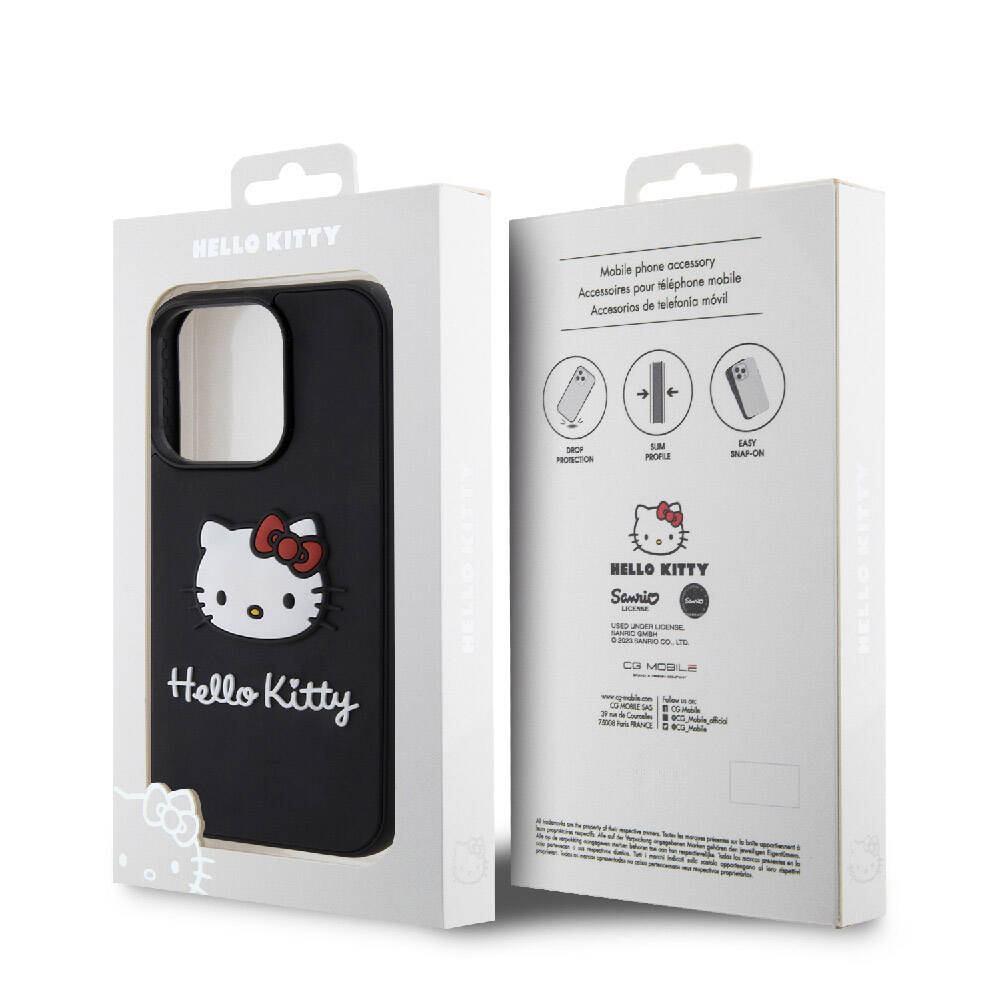 Apple iPhone 15 Pro Max Kılıf Hello Kitty Orjinal Lisanslı Yazı ve İkonik Logolu 3D Rubber Kitty Head Kapak Siyah
