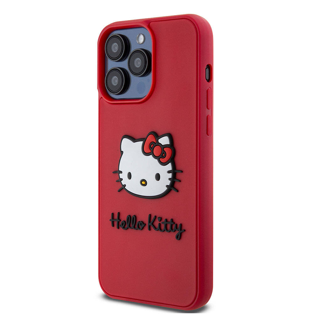 Apple iPhone 15 Pro Max Kılıf Hello Kitty Orjinal Lisanslı Yazı ve İkonik Logolu 3D Rubber Kitty Head Kapak Kırmızı
