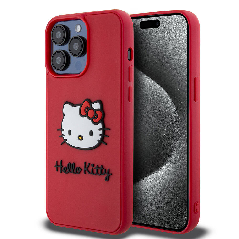 Apple iPhone 15 Pro Max Kılıf Hello Kitty Orjinal Lisanslı Yazı ve İkonik Logolu 3D Rubber Kitty Head Kapak Kırmızı
