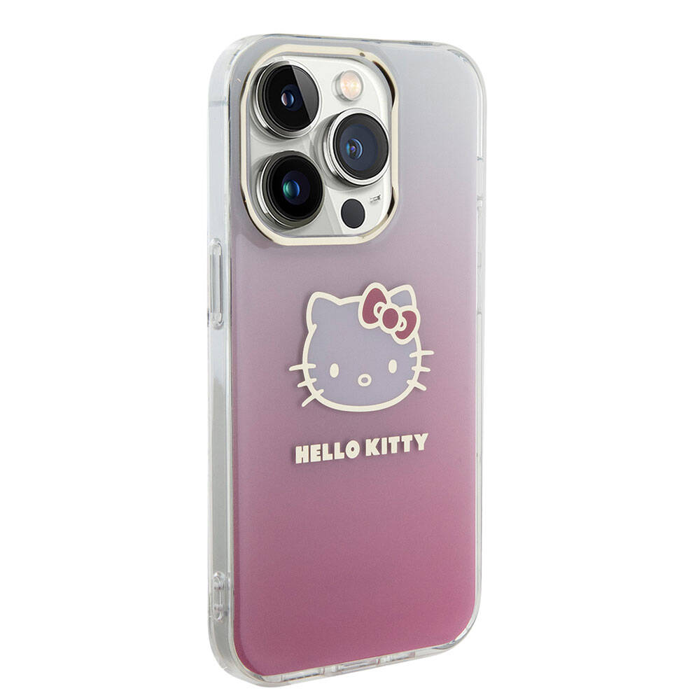 Apple iPhone 15 Pro Max Kılıf Hello Kitty Orjinal Lisanslı Yazı ve İkonik Logolu Elektroplating Kaplama Gradyan Kapak Mor
