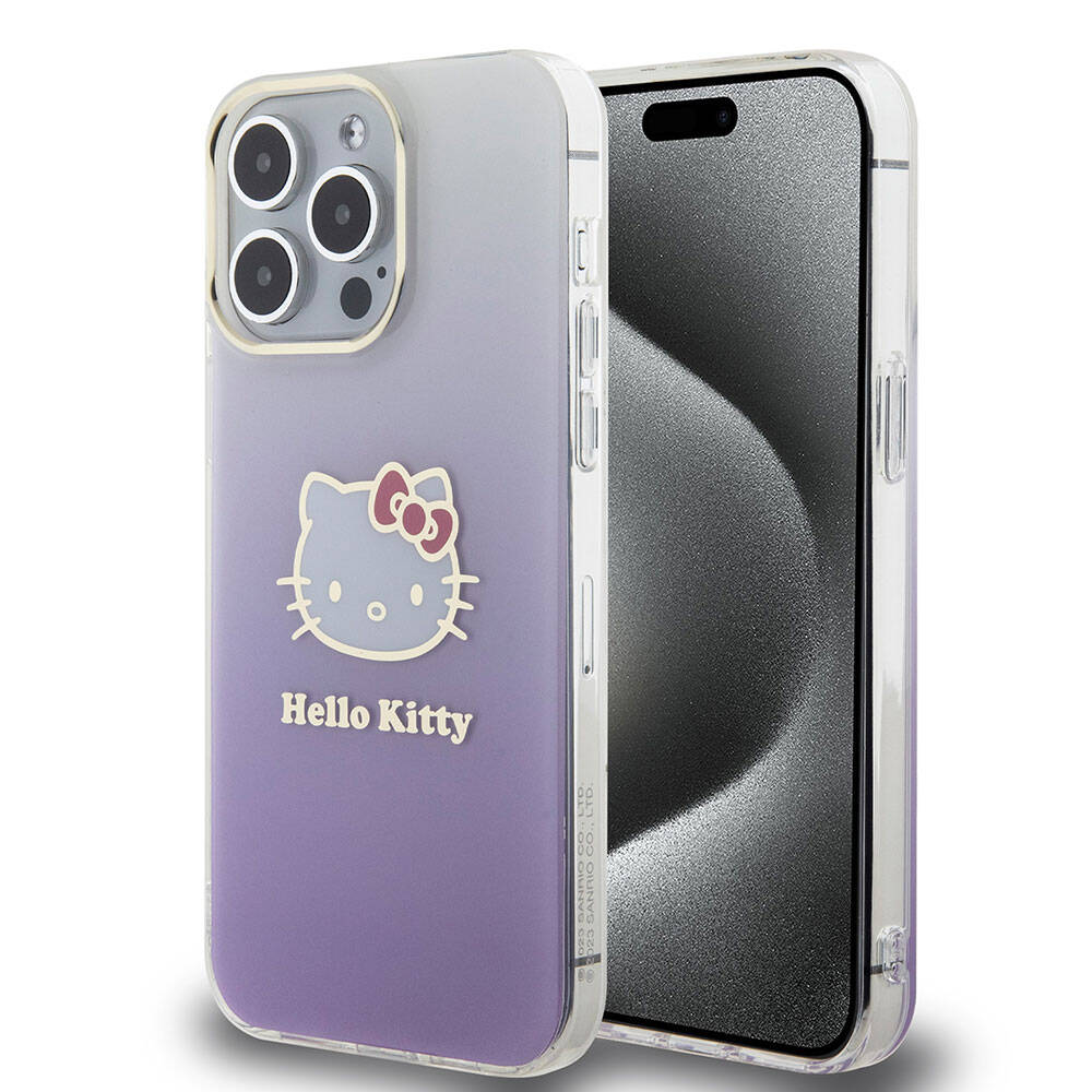 Apple iPhone 15 Pro Max Kılıf Hello Kitty Orjinal Lisanslı Yazı ve İkonik Logolu Elektroplating Kaplama Gradyan Kapak Mor