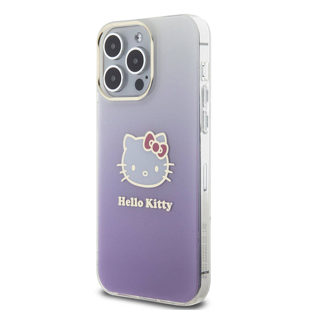 Apple iPhone 15 Pro Max Kılıf Hello Kitty Orjinal Lisanslı Yazı ve İkonik Logolu Elektroplating Kaplama Gradyan Kapak Mor