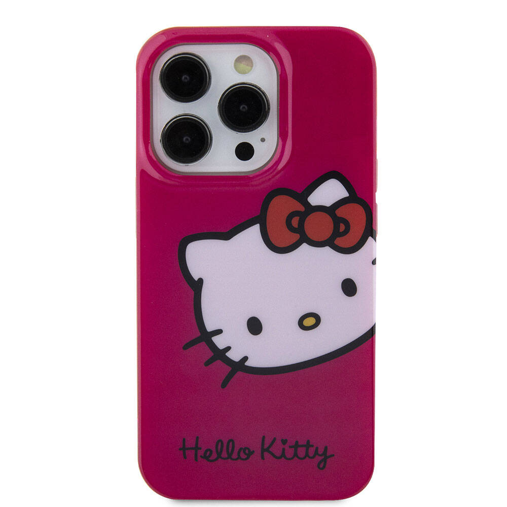 Apple iPhone 15 Pro Max Kılıf Hello Kitty Orjinal Lisanslı Yazı ve İkonik Logolu Kitty Head Kapak Pembe