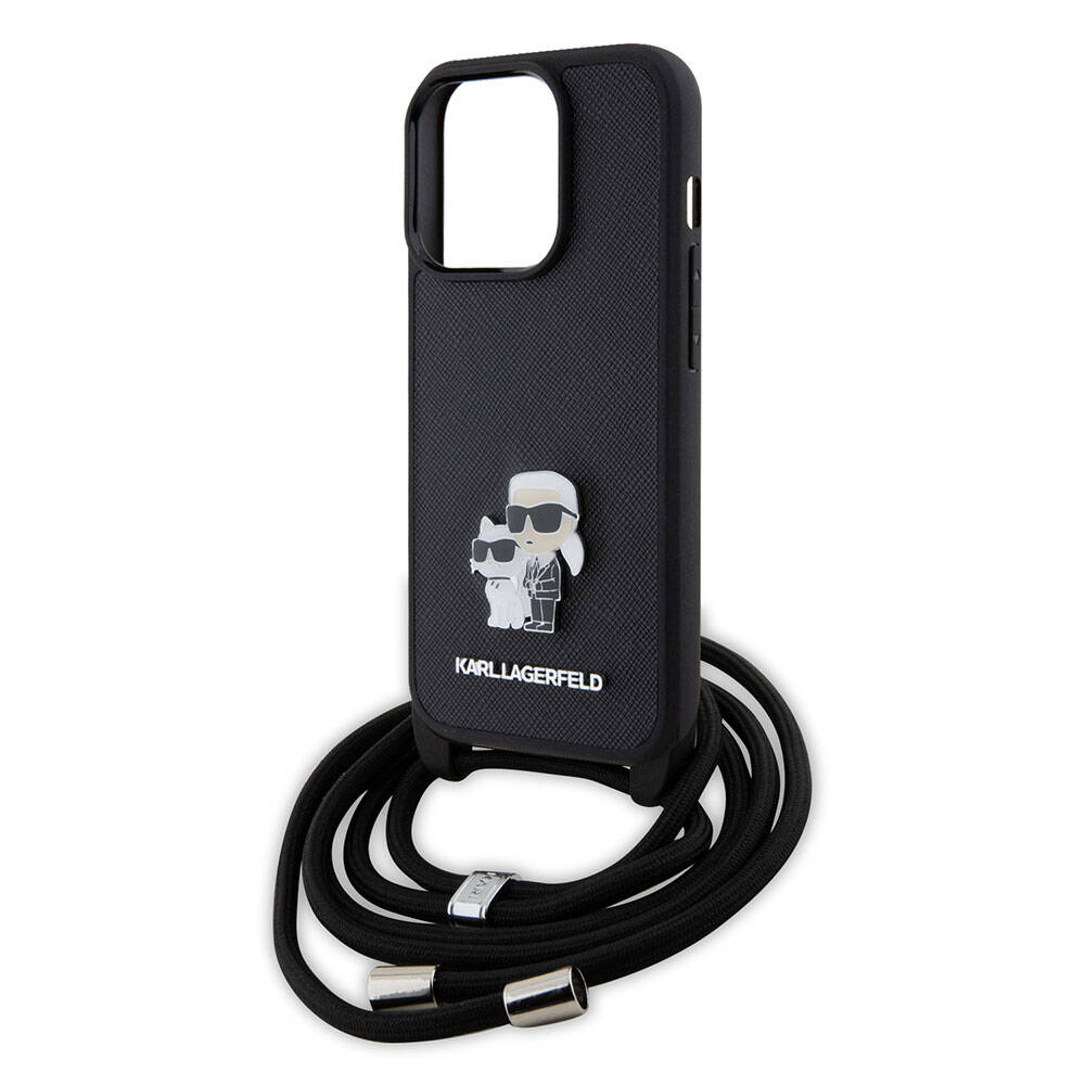 Apple iPhone 15 Pro Max Kılıf Karl Lagerfeld Askı İpli K&C Metal Logo Orjinal Lisanslı Kapak Siyah