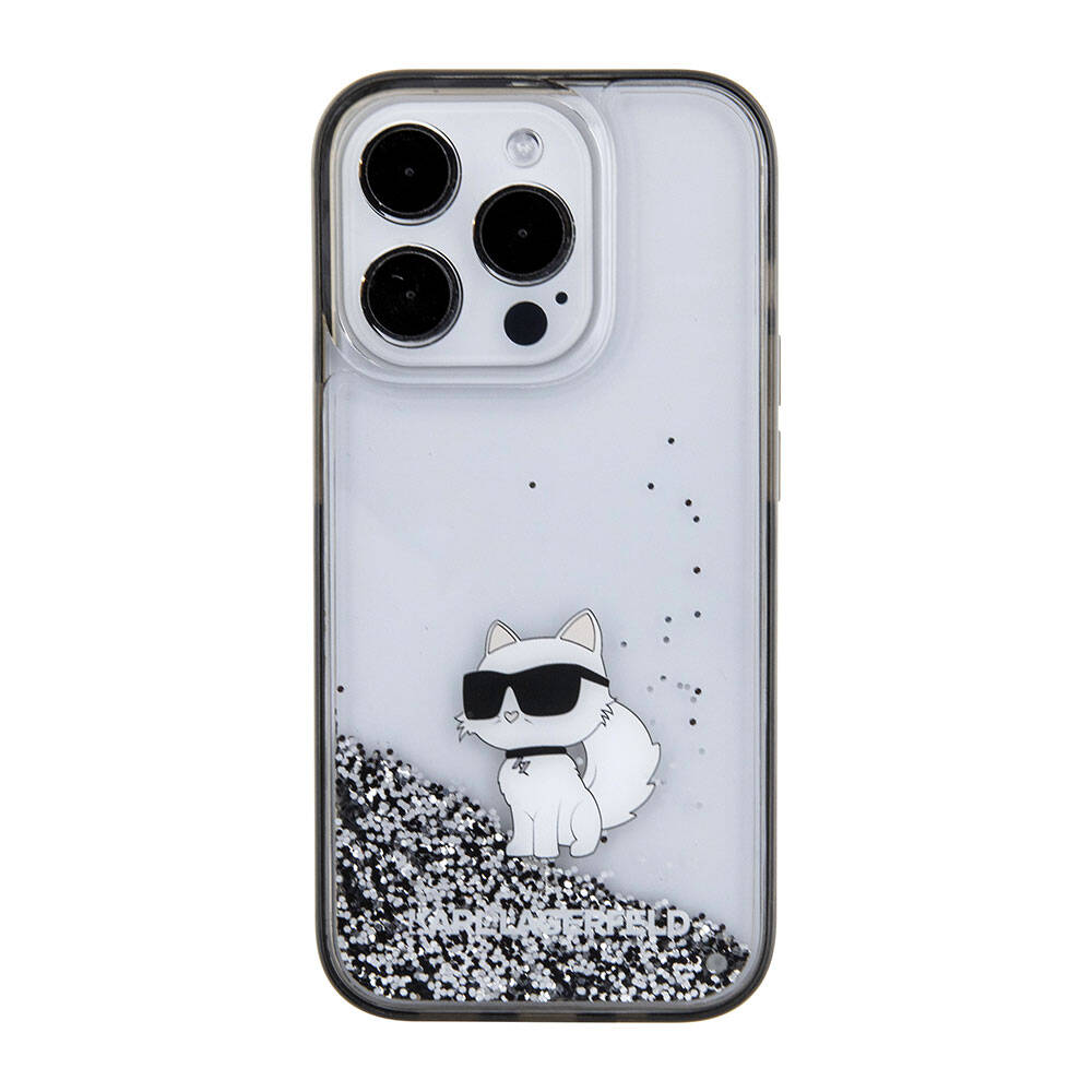 Apple iPhone 15 Pro Max Kılıf Karl Lagerfeld Choupette Sıvılı Glitter Orjinal Lisanslı Kapak Renksiz