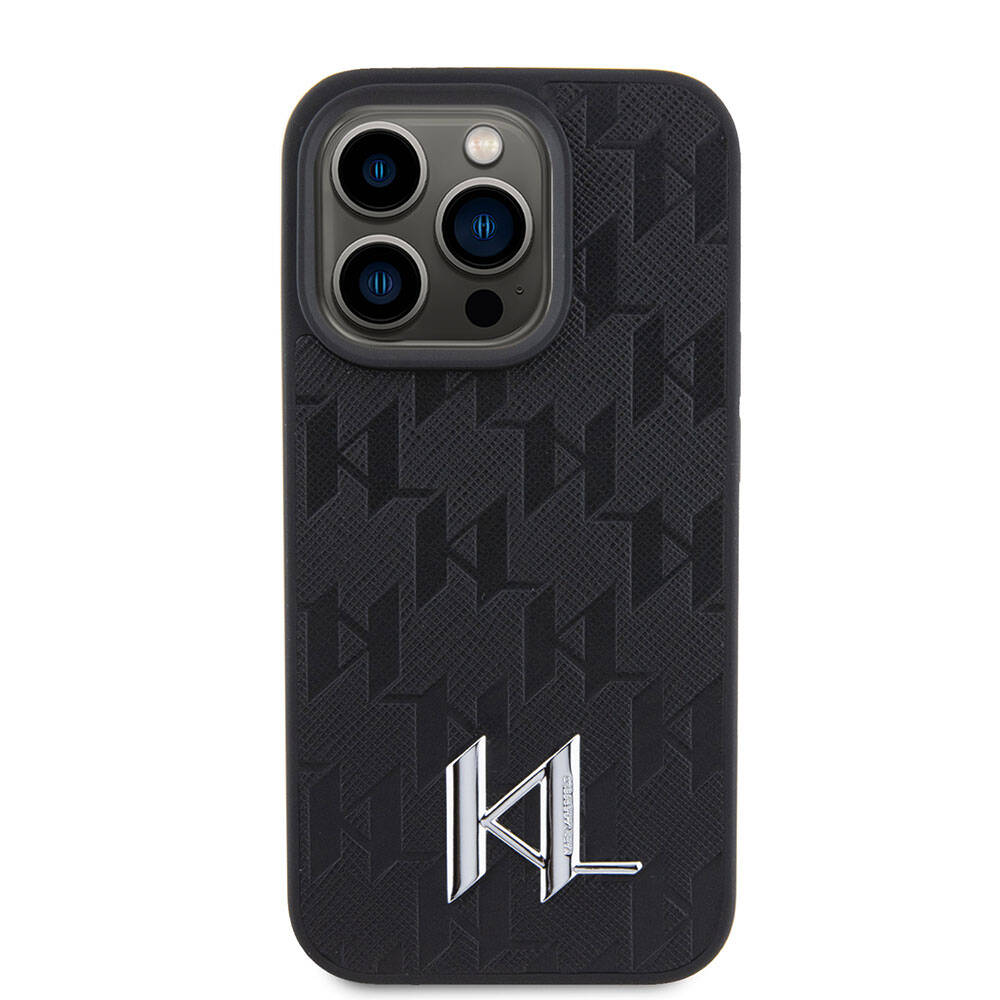 Apple iPhone 15 Pro Max Kılıf Karl Lagerfeld Hot Stamp K&L Metal Logo Orjinal Lisanslı Kapak Gri