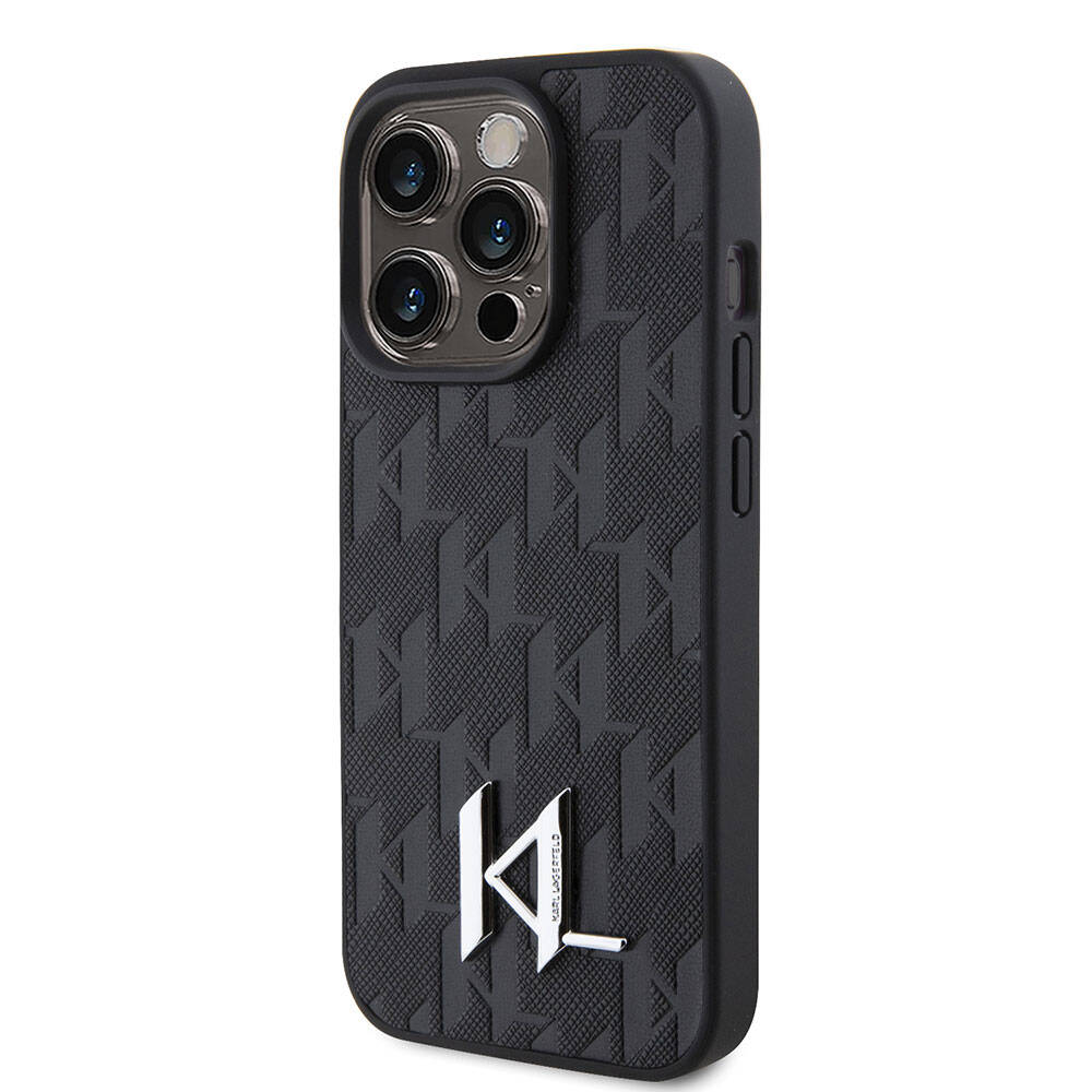 Apple iPhone 15 Pro Max Kılıf Karl Lagerfeld Hot Stamp K&L Metal Logo Orjinal Lisanslı Kapak Gri