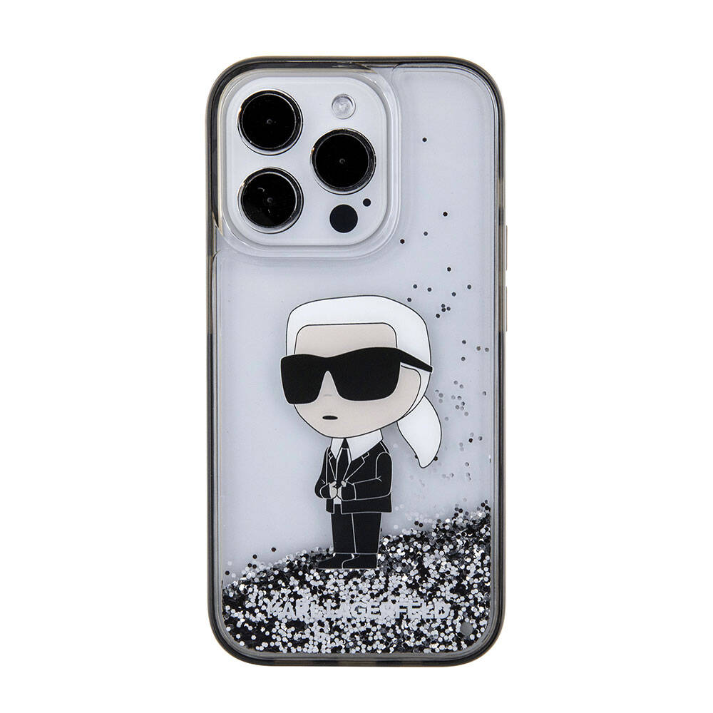 Apple iPhone 15 Pro Max Kılıf Karl Lagerfeld İkonik Sıvılı Glitter Orjinal Lisanslı Kapak Renksiz