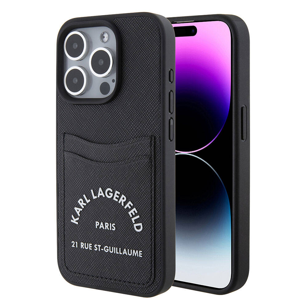 Apple iPhone 15 Pro Max Kılıf Karl Lagerfeld Kartlıklı Saffiano 3D RSG Logo Orjinal Lisanslı Kapak Siyah