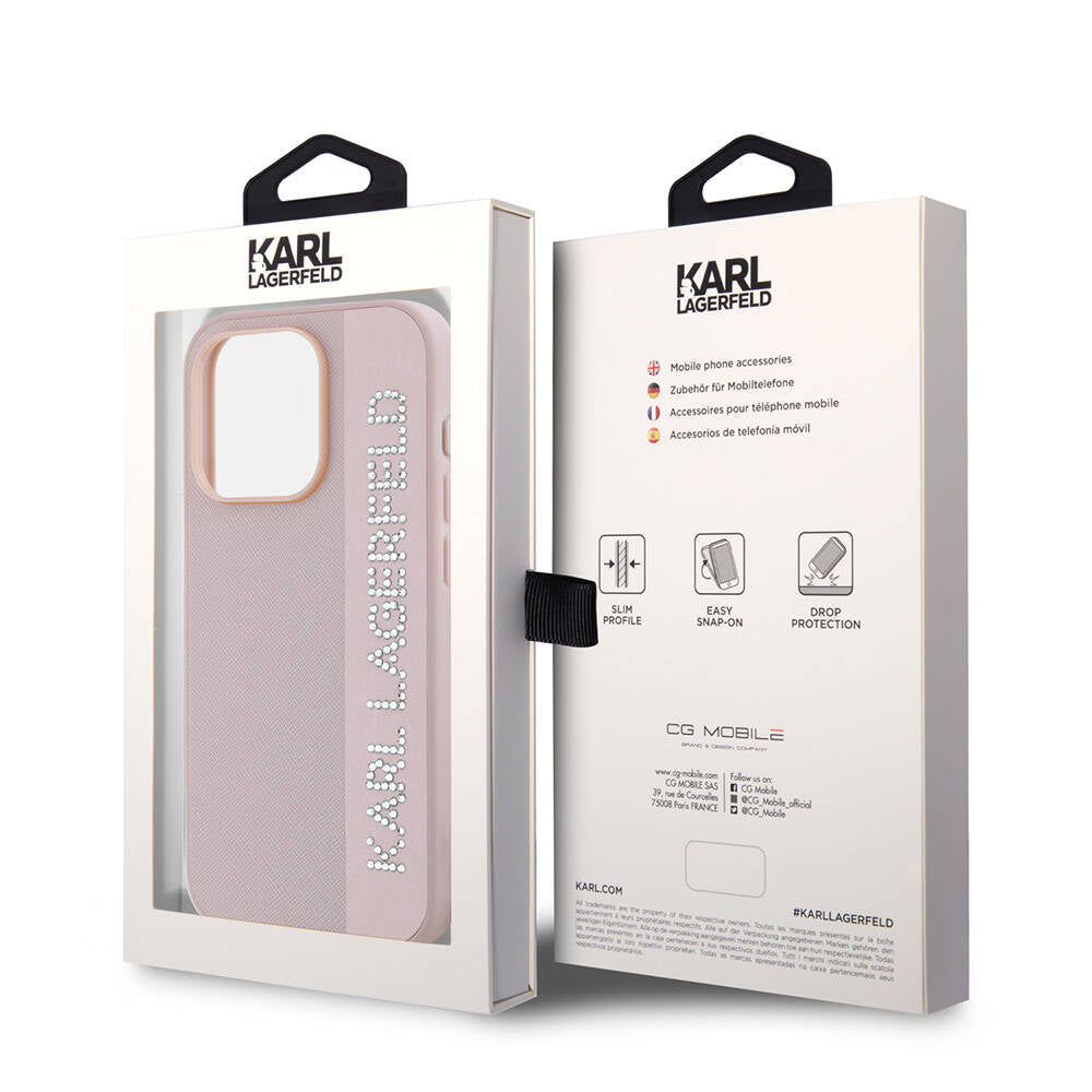 Apple iPhone 15 Pro Max Kılıf Karl Lagerfeld Orjinal Lisanslı Anahtarlıklı Taşlı KL Yazılı Saffiano Rhinestones Kapak Pembe