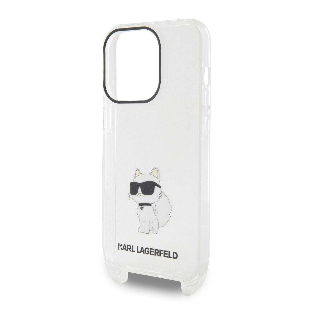 Apple iPhone 15 Pro Max Kılıf Karl Lagerfeld Orjinal Lisanslı Boyun Askılı Choupette İkonik Crossbody Kapak Renksiz