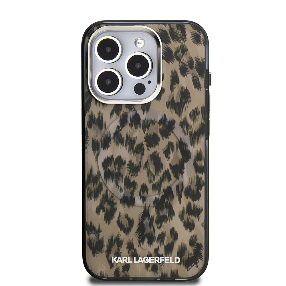 Apple iPhone 15 Pro Max Kılıf Karl Lagerfeld Orjinal Lisanslı IML Leopar Baskılı Kapak Kahverengi