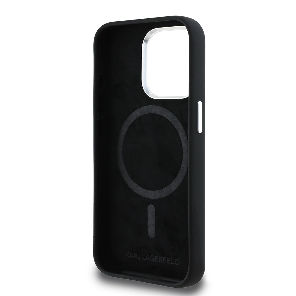 Apple iPhone 15 Pro Max Kılıf Karl Lagerfeld Orjinal Lisanslı Karl & Choupette Sketch Logo Sililkon Kapak Siyah