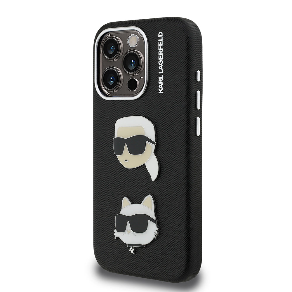 Apple iPhone 15 Pro Max Kılıf Karl Lagerfeld Orjinal Lisanslı K&C Heads Pin Kapak Siyah