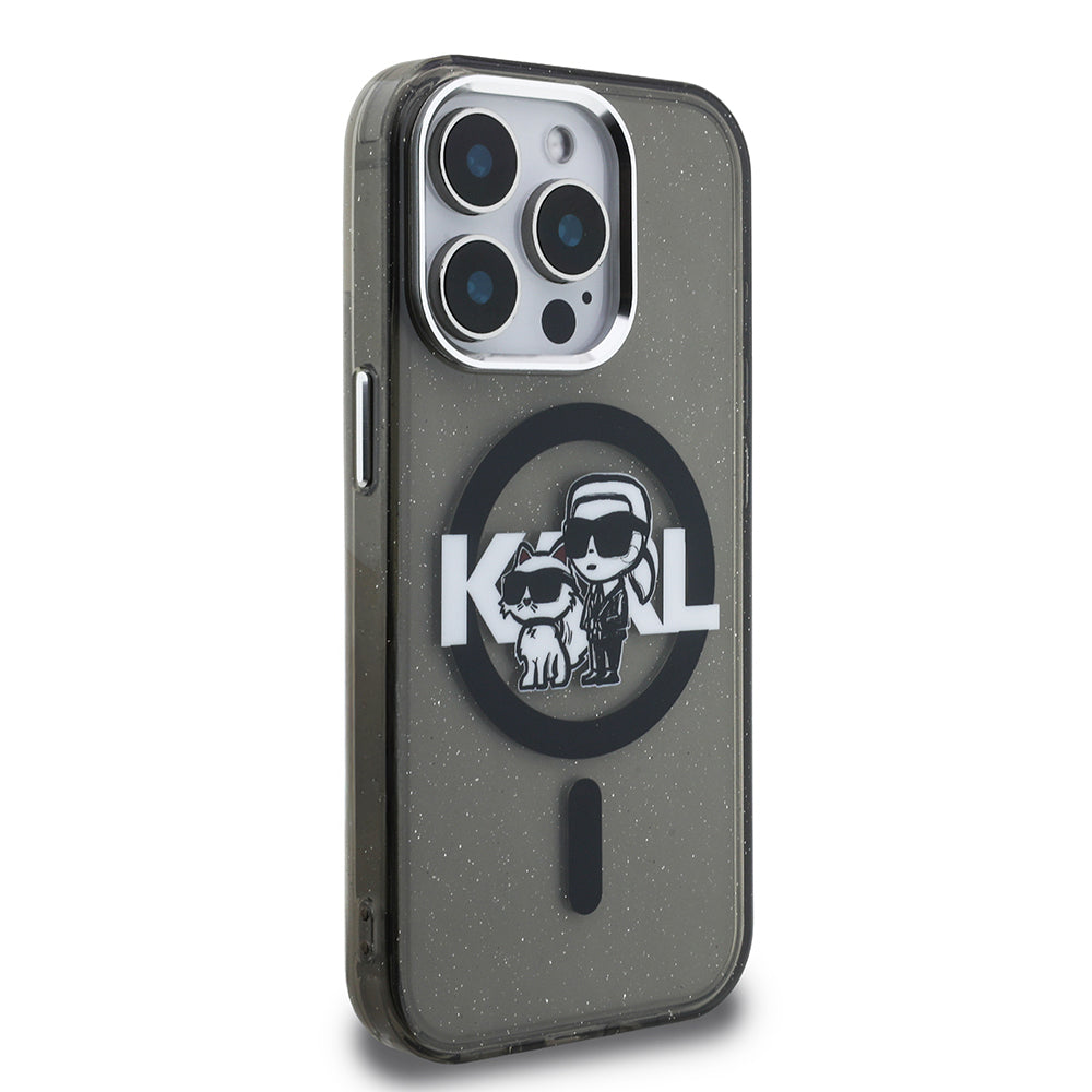 Apple iPhone 15 Pro Max Kılıf Karl Lagerfeld Orjinal Lisanslı Parlayan Simli Karl & Choupette Sketch Logo Kapak Siyah