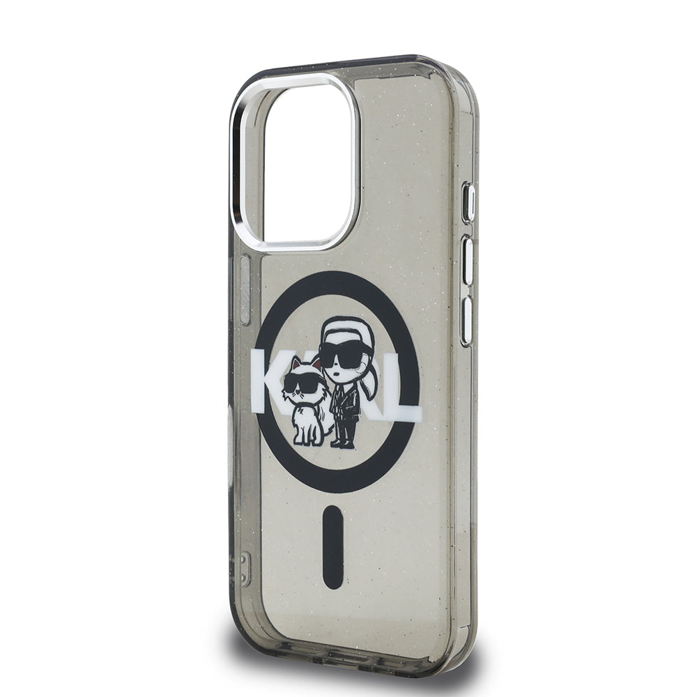 Apple iPhone 15 Pro Max Kılıf Karl Lagerfeld Orjinal Lisanslı Parlayan Simli Karl & Choupette Sketch Logo Kapak Siyah