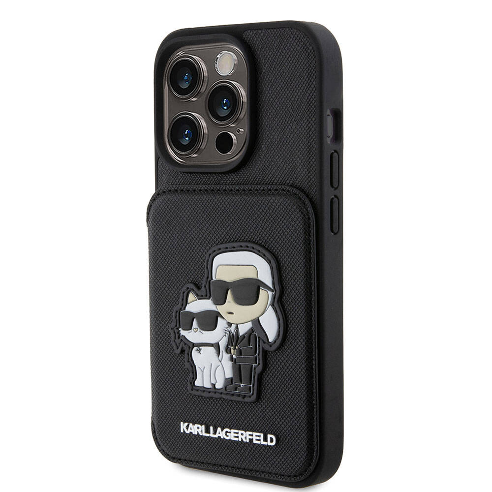Apple iPhone 15 Pro Max Kılıf Karl Lagerfeld Standlı Kartlıklı Saffiano K&C Metal Logo Orjinal Lisanslı Kapak Siyah