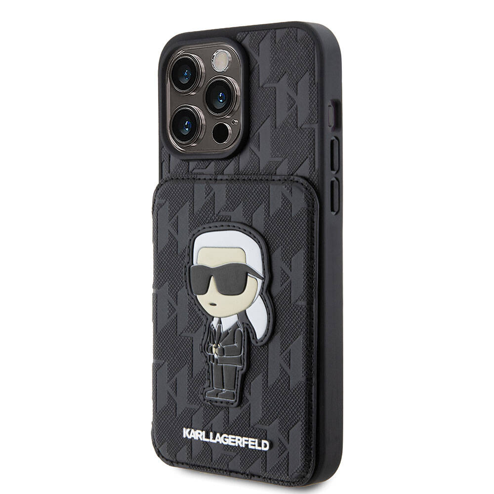 Apple iPhone 15 Pro Max Kılıf Karl Lagerfeld Standlı Kartlıklı Saffiano Monogram İkonik Metal Logo Orjinal Lisanslı Kapak Siyah