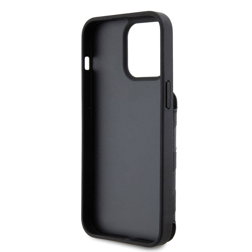 Apple iPhone 15 Pro Max Kılıf Karl Lagerfeld Standlı Kartlıklı Saffiano Monogram İkonik Metal Logo Orjinal Lisanslı Kapak Siyah