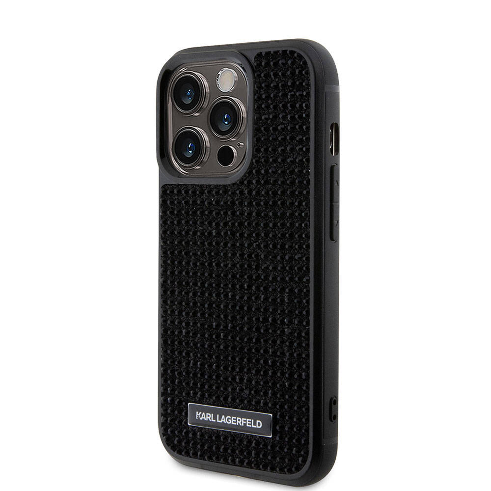 Apple iPhone 15 Pro Max Kılıf Karl Lagerfeld Taşlı Metal Logo Orjinal Lisanslı Kapak Gümüş