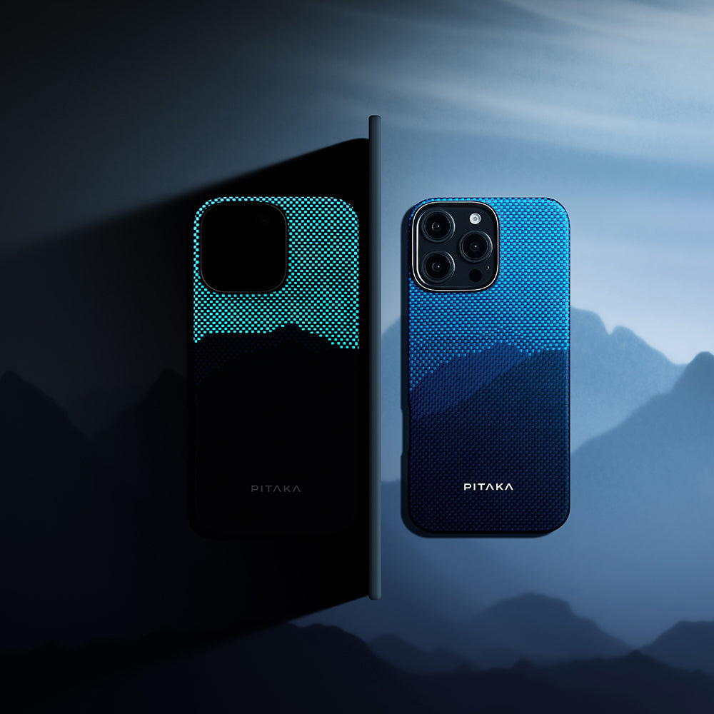 Apple iPhone 15 Pro Max Kılıf M-safe Şarj Özellikli Lumintex Teknolojili Fosforlu Özellikli Aramid Fiber Pitaka Tactile Woven Starpeak Serisi Over The Horizon Kapak Mavi
