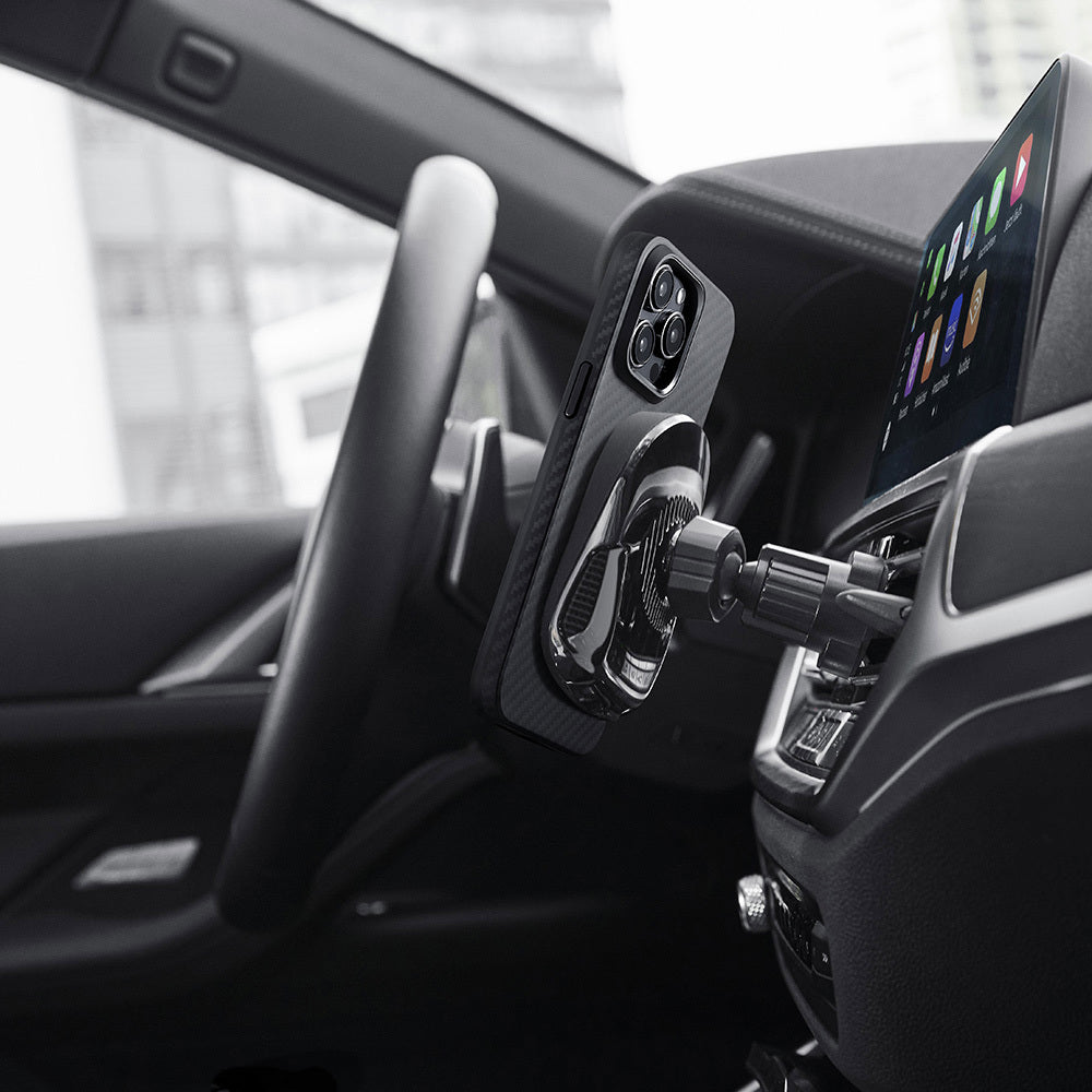 Apple iPhone 15 Pro Max Kılıf M-safe Şarj Özellikli 1500D Aramid Fiber Pitaka Military-Grade Classic Serisi Black-Grey Twill Kapak Siyah-Gri