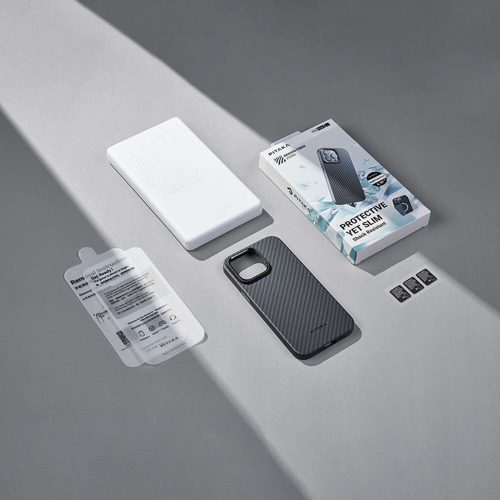 Apple iPhone 15 Pro Max Kılıf M-safe Şarj Özellikli 1500D Aramid Fiber Pitaka Military-Grade Classic Serisi Black-Grey Twill Kapak Siyah-Mavi